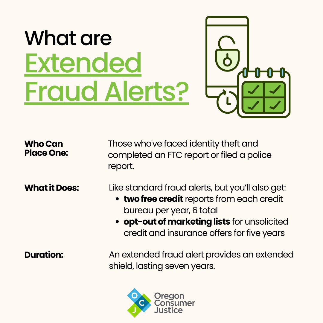 🚨🔐 Defend yourself against identity theft with an extended fraud alert. Check out the key details: Reach out to any of the three credit bureaus — Equifax, Experian, or TransUnion at: cio.ist/hkx #OregonConsumerJustice #OCJ #ExtendedFraudAlert #ProtectYourIdentity