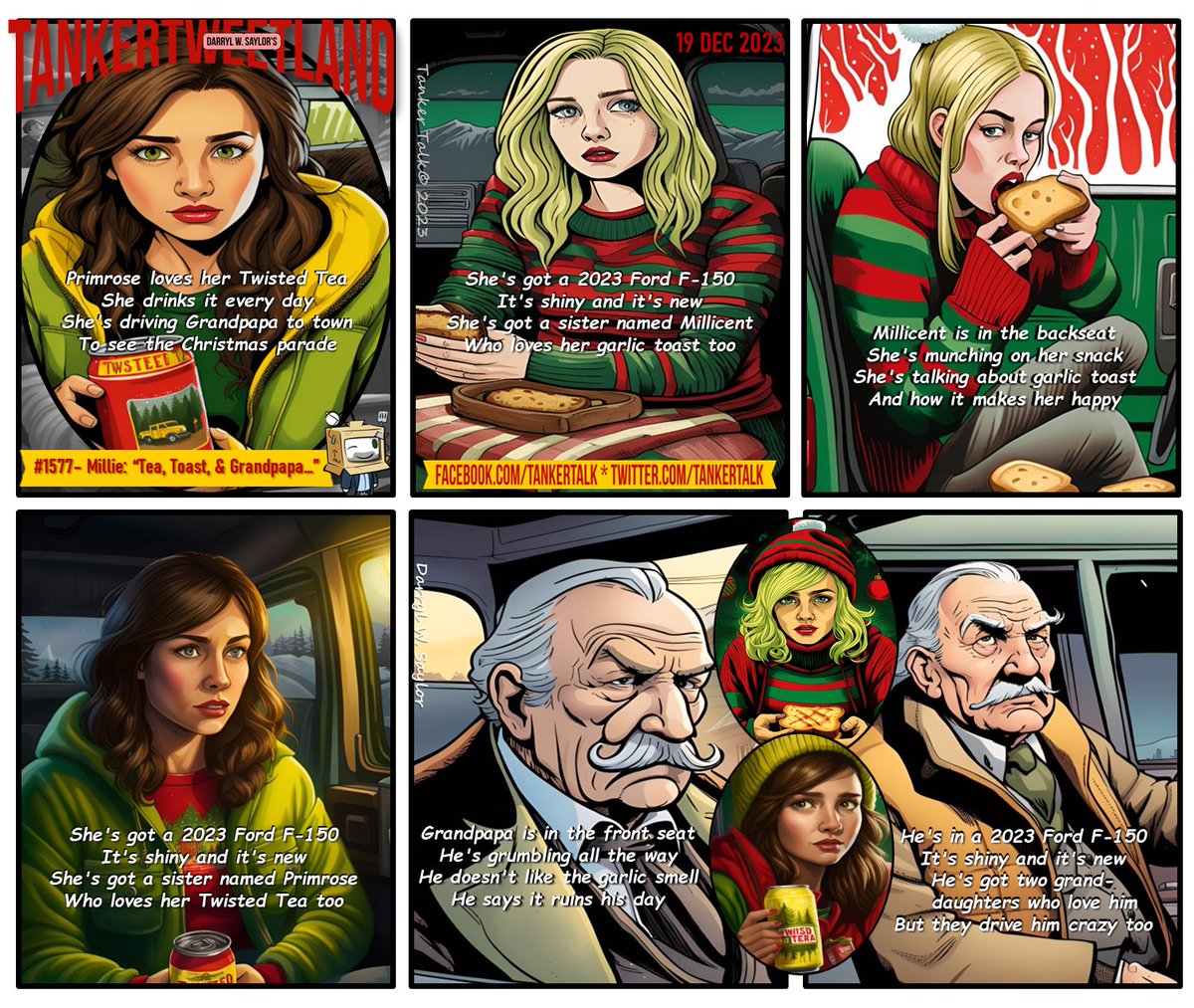TankerTalk's tweet photo. tankerTWEETland comix #1577: Millie - "Tea, Toast, &amp; Grandpapa...” (12/19/2023) #webcomics #webcomic #comics #humor #humour #Memes #memes2023 #Millicent #millie #primrose #grandpa #family #familyfun #drinks #bread #twistedtea #garlictoast #lol  #BEVERAGES #Ford #Xmas #Christmas https://t.co/SMJnIQdyZF