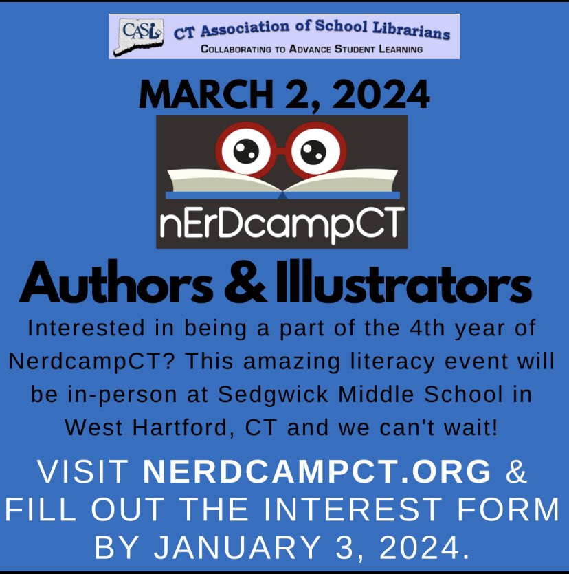NerdCampCT (@nerdcampct) on Twitter photo Are you an author or illustrator from CT or the surrounding area? If you would like to join lovers of literacy for great learning & conversations about all things books, fill out the interest form at NerdcampCT.org Can’t wait! <a href="/ctcasl/">CT CASL</a> <a href="/ctreadinginc/">CT Reading Inc</a> <a href="/CLCct/">CTLibraryConsortium</a> @MsThomBookitis Are you an author or illustrator from CT or the surrounding area? If you would like to join lovers of literacy for great learning & conversations about all things books, fill out the interest form at NerdcampCT.org Can’t wait! <a href="/ctcasl/">CT CASL</a> <a href="/ctreadinginc/">CT Reading Inc</a> <a href="/CLCct/">CTLibraryConsortium</a> @MsThomBookitis