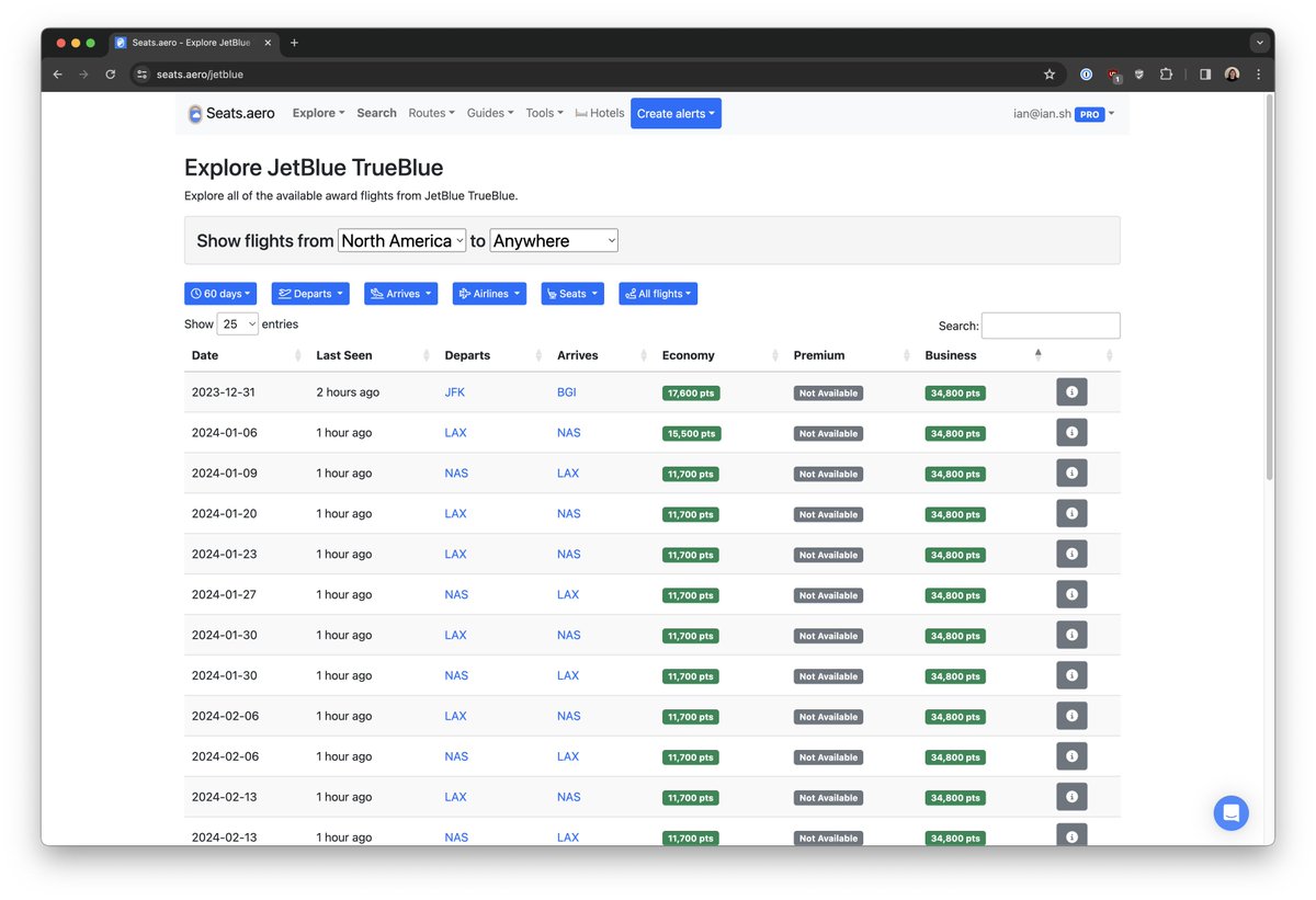 We've added support for JetBlue TrueBlue! You can now easily find great deals on Mint and Qsuites with Seats.aero.
