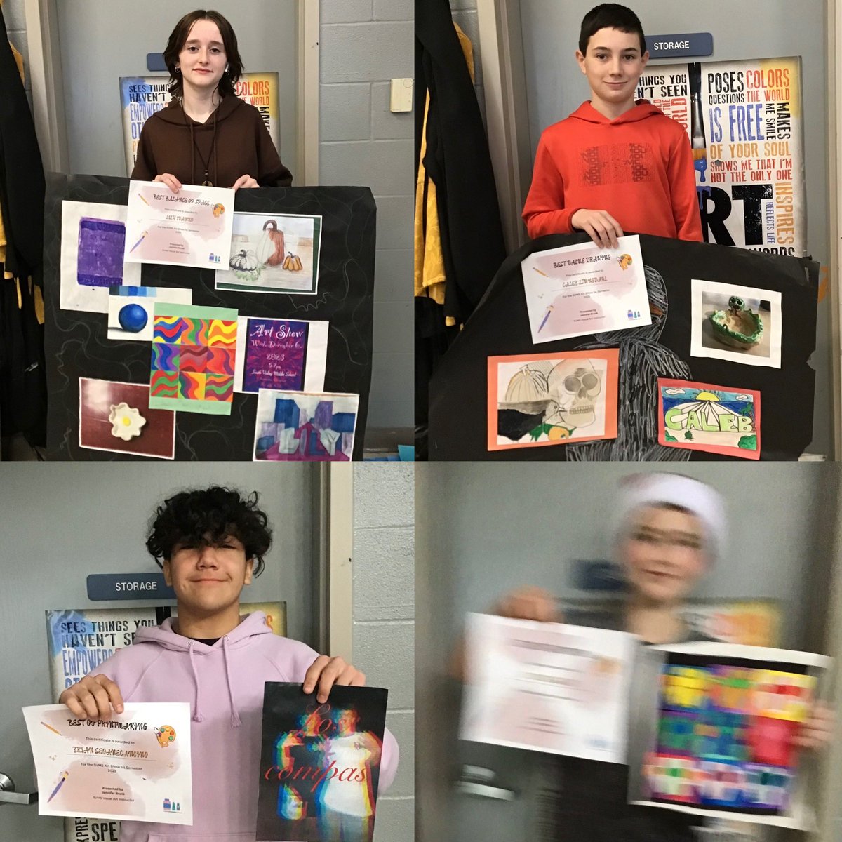 Explorations of Art &amp; Design art show award winners. Layla best of show on far right 1st photo &amp; Anna best craftsmanship on right. 2nd photo top left Lily best balance of space, top right Caleb best value drawings, bottom left Best printmaking &amp; bottom right Colton best painting.