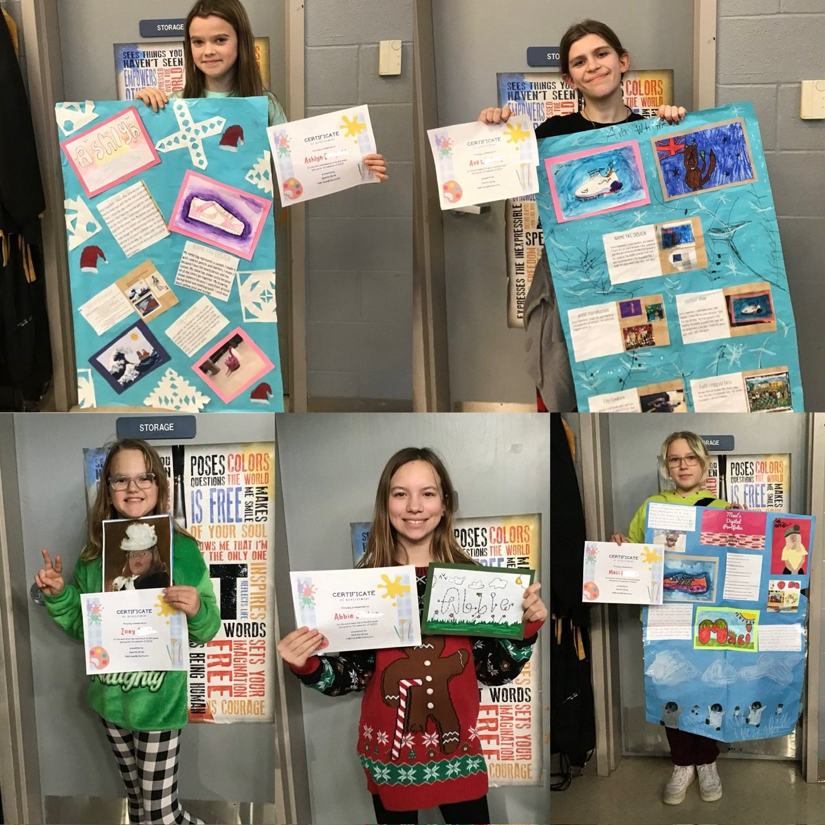 6th grade art show award winners!  Top left Ashlyn best craftsmanship, top right Ava best balance of space, bottom left Zoey best artist reproduction, middle bottom Abbie best name tag, &amp; bottom right Maci best of show.💙💛