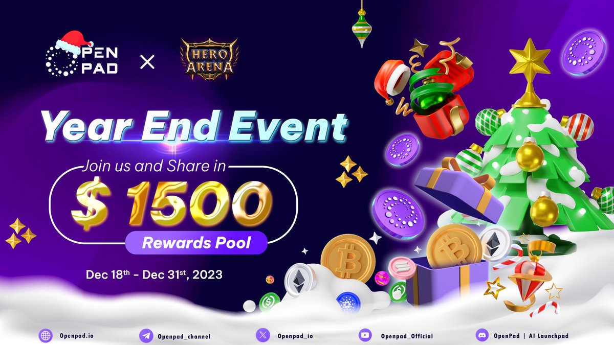 ❄️ Join us for the ultimate Year-End Celebration with @Openpad_io! 🚀✨ Embark on an epic quest, unlock rewards with $1500 rewards 🎄 Join us here 👉 app.questn.com/event/85022359… 👉 taskon.xyz/business/event… ⏰ Timeline: Dec 18th - Dec 31st, 2023 #OpenPadYearEndEvent #giveaway