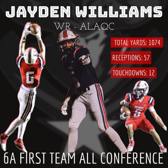 Appreciate the nomination and thankful to be named 6A First Team All Conference WR! @alaqcfootball @mxrd15 @TyDetmer14 @tsdevil64 @PatriotsDC @JUSTCHILLY @CodyTCameron @_RECRUITid