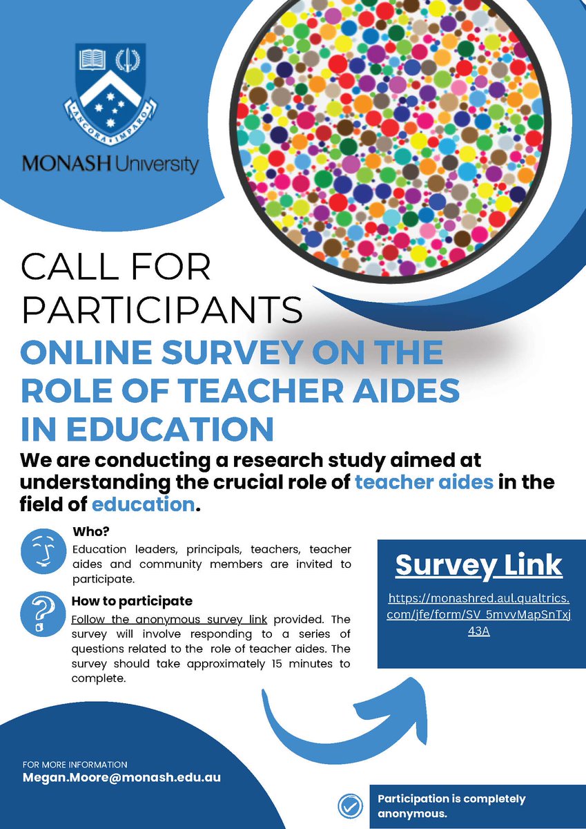 My PhD student, Megan Moore, is conducting her doctoral research on the role of teacher aides within #InclusiveEducation in Australia We would be grateful if you would take a moment to complete this short survey and share it with your networks! Link: lnkd.in/g698mUYG