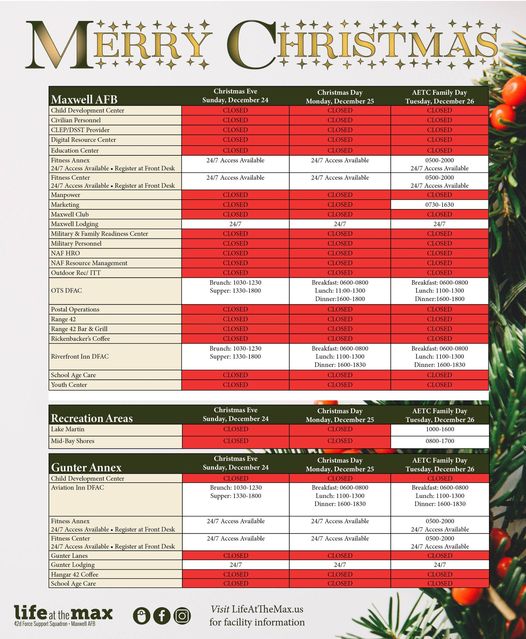 The holidays are quickly approaching so keep in mind the holiday hours for facilities on base when planning your downtime!