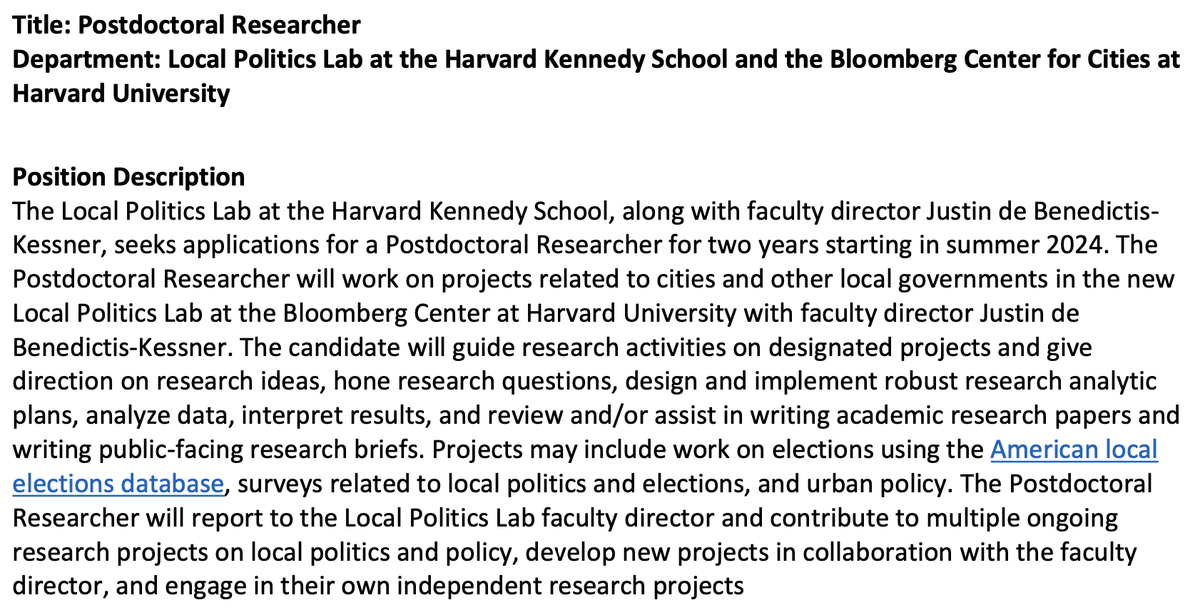 Justin de Benedictis-Kessner (@jdbk) on Twitter photo I'm hiring a postdoc to work with me for 2 years <a href="/Kennedy_School/">Harvard Kennedy School</a> thnx to generous funding from the Bloomberg <a href="/CenterforCities/">Bloomberg Center for Cities at Harvard University</a>. Official job posting not up yet but please tell anyone you know who might be interested to email me! <a href="/apsaurban/">APSA Urban Politics</a>
#psjminfo I'm hiring a postdoc to work with me for 2 years <a href="/Kennedy_School/">Harvard Kennedy School</a> thnx to generous funding from the Bloomberg <a href="/CenterforCities/">Bloomberg Center for Cities at Harvard University</a>. Official job posting not up yet but please tell anyone you know who might be interested to email me! <a href="/apsaurban/">APSA Urban Politics</a>
#psjminfo