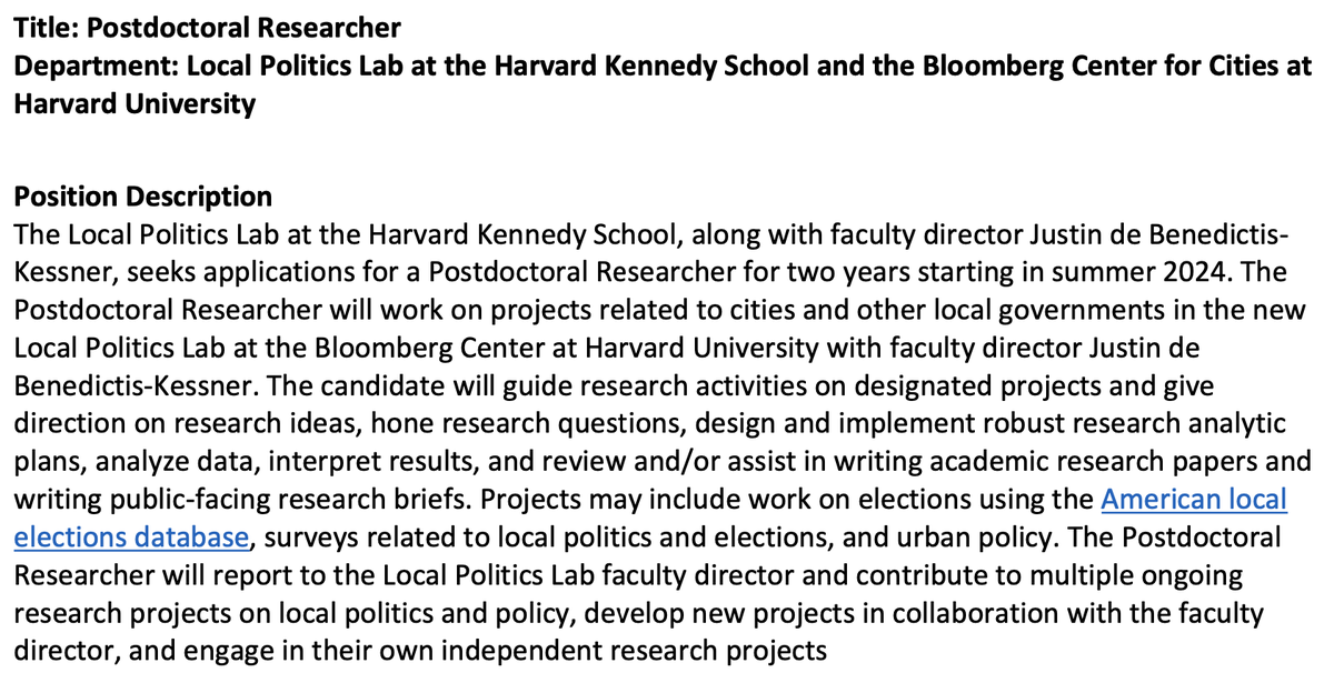 I'm hiring a postdoc to work with me for 2 years @Kennedy_School thnx to generous funding from the Bloomberg @CenterforCities. Official job posting not up yet but please tell anyone you know who might be interested to email me! @apsaurban 
#psjminfo