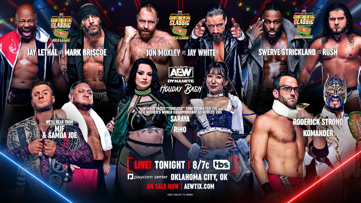 Watch #AEWDynamite: #HolidayBash LIVE from Oklahoma City, OK, on TBS at 8pm ET/7pm CT TONIGHT! @PaycomCenter | AEWTIX.com