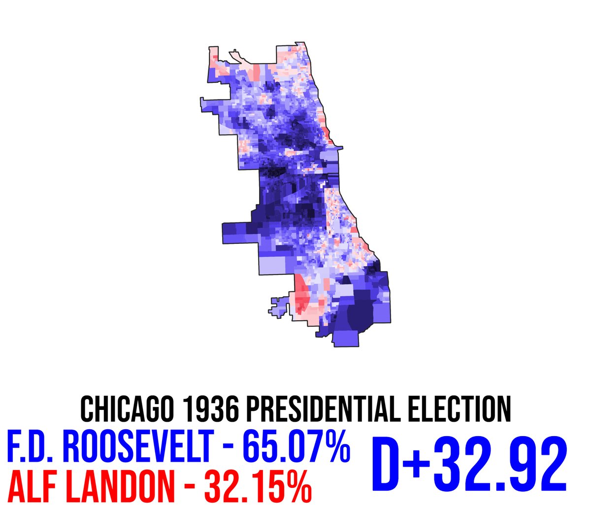 Back in 1936, FDR won the city of Chicago in his run for president by nearly 33 points, which was better than his margin of 18 points in the state of Illinois and his margin of 24 points nationwide. #ElectionTwitter