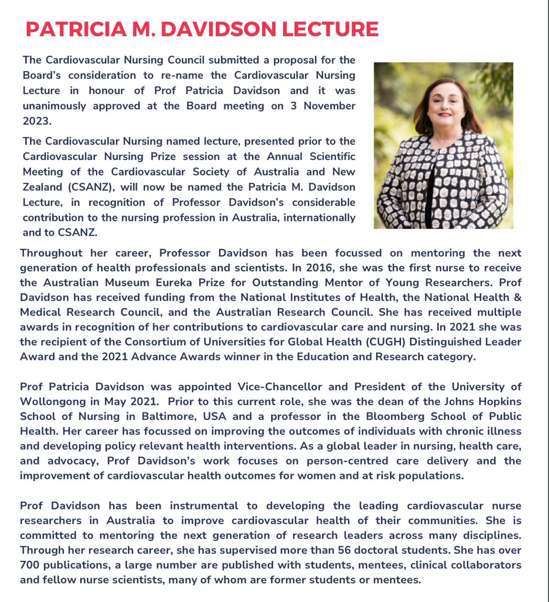 We are delighted to announce the renaming of the Cardiovascular Nursing Lecture to be the Patricia M Davidson Lecture. This will be delivered by Dr @aw_conway in Perth, August 2024.