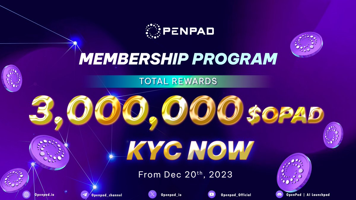 🔥 Membership Program: 𝟑,𝟎𝟎𝟎,𝟎𝟎𝟎 $𝐎𝐏𝐀𝐃 For Our Community 🔥 Join the OpenPad community and be a part of something extraordinary with total rewards of 𝟑,𝟎𝟎𝟎,𝟎𝟎𝟎 $𝐎𝐏𝐀𝐃 How to get $OPAD token❓ ✅ Complete KYC on OpenPad launchpad and receive 100 $OPAD ✅…