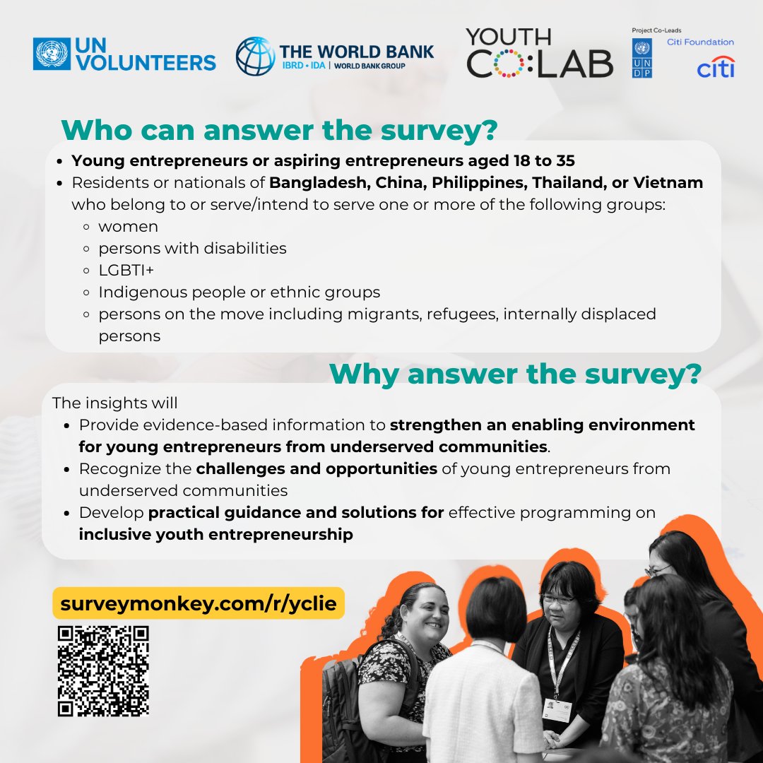 Hey, youth! 📣 Share valuable insights into the #YouthCoLab study on Inclusive Youth Entrepreneurship in Asia and the Pacific surveymonkey.com/r/yclie Support in strengthening our entrepreneurial initiatives for young people, especially those from underserved communities.