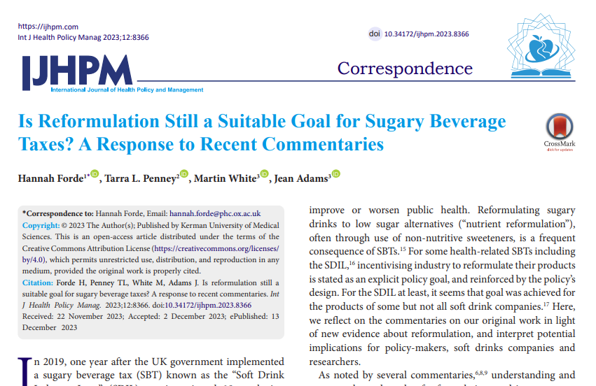 Our 2022 paper about SSB taxes & marketing received *9* insightful commentaries! We've responded: ijhpm.com/article_4544.h… Policymakers could maximise SSB taxes' impact by emphasising longer term ambitions (⬇️ soft drink consumption) instead of short term reformulation goals