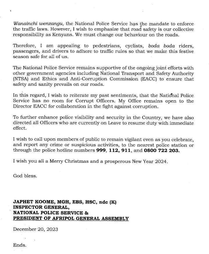 Copskenya's tweet photo. #CopsKenya PRESS STATEMENT ON TRAFFIC ADVISORY DURING FESTIVE SEASON, DECEMBER 2023
@Ma3Route @OuteringRoadKE
@ntsa_kenya @TransportKE
@BodaAssnofKenya @kipmurkomen
Free Mason Eastleigh Rwandese Zakayo Pauline Njoroge Okiyah Omtata Sakaja Waititu Skyward Express https://t.co/mgB5qnxg7z
