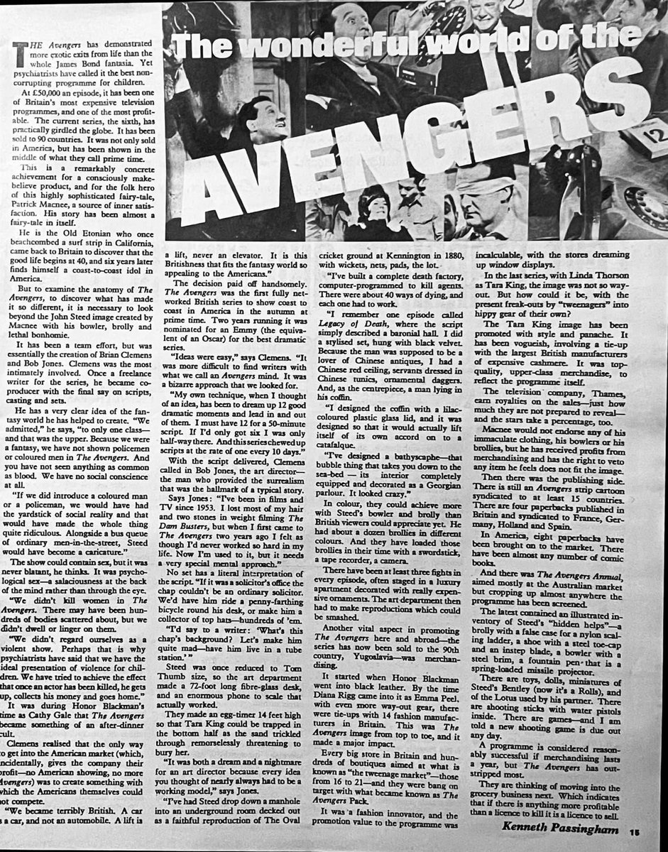 From my scrapbook is a page from TV Times with a great fantastic interview with Brian Clemens & Robert Jones on The Wonderful World of The Avengers. Covers the series in general and talks of the shows merchandise.  #TheAvengers #BrianClemens