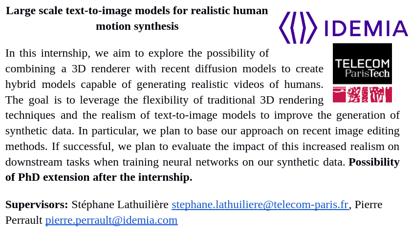 An internship position for a final year master student is open in my team at Télécom Paris - Institut  Polytechnique de Paris to work on Image and video generation Generation.  Possibility of PhD extension. In collaboration with Idemia. Details  here: stelat.eu/wp-content/upl…