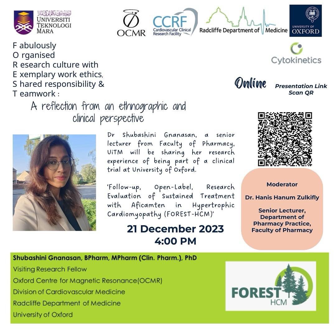 Come and have a listen to Dr Shubashini Ganesan’s sharing session on her experience at OCMR, University of Oxford tomorrow (21/12/23) from 4-430 pm at shorturl.at/jzDS1 !😊