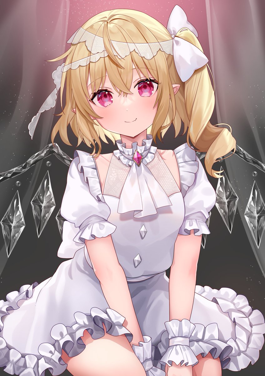 flandre scarlet 1girl solo blonde hair wings pointy ears crystal dress  illustration images