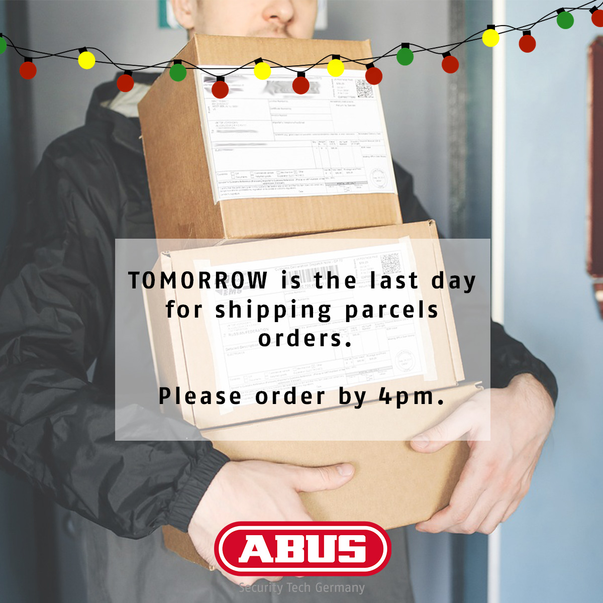 Please note that tomorrow is our last day for shipping parcels! 

Our offices will close on Friday 22nd December at 5pm and will reopen on Tuesday 2nd January 2024.

Merry Christmas from ABUS UK!