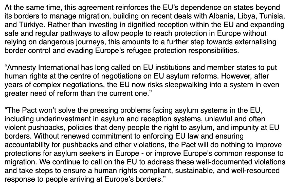 New Amnesty International Statement: "this agreement reinforces the EU’s dependence on states beyond its borders to manage migration, building on recent deals with Albania, Libya, Tunisia, and Türkiye," &amp; will "lead to greater human suffering."
x.com/YlvaJohansson/…