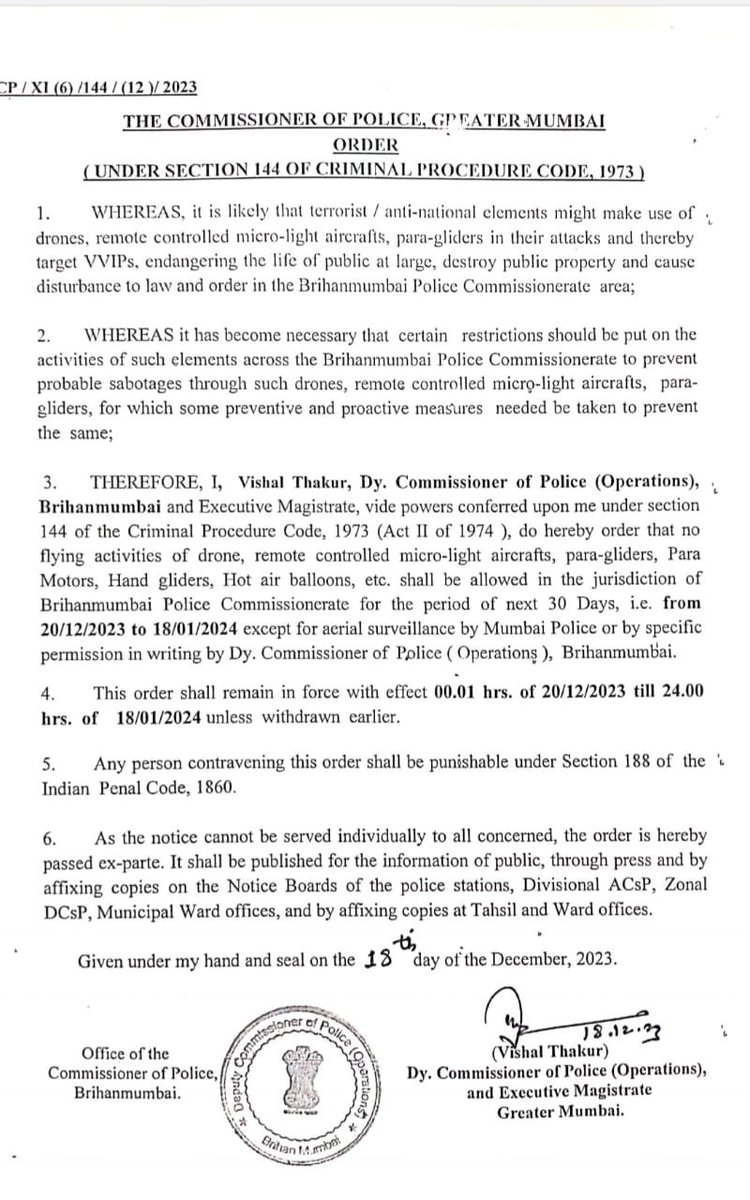 Regular preventive orders issued under CrPC section 144 in all areas under the jurisdiction of Mumbai Police from 20th December 2023 to 18th January 2024.