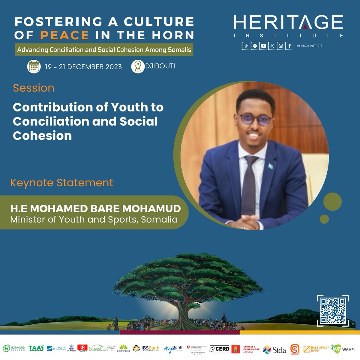 Joining #AFI2023’s esteemed panel is H.E. Mohamed Bare Mohamud, who will give a keynote statement in the session on the Contribution of Youth to #Conciliation and #SocialCohesion. Join us at 2:00 p.m. for enriching discussions and engage with us. #HeritageForum #CultureofPeace…