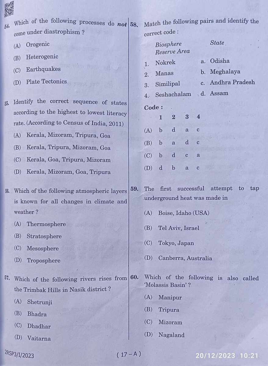 CSExamination's tweet image. MPPSC Exam - 2023

Topic : #Geography 

Q54: Diastrophism 
Q55: Census/ Literacy rate
Q56: atmosphere 
Q57: Rivers
Q58: Biosphere Reserve- state
Q59: geothermal energy 
Q60: Molassis Basin

Comment your answer.

#UPSCPrelims2024 #UPSC
#mppsc #bpsc #uppsc #hppsc #ukpsc #roaro