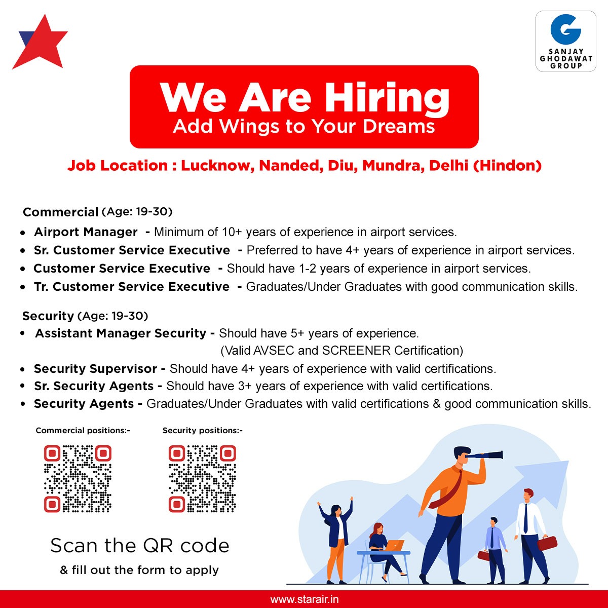 Are you ready to take your career to new heights? Star Air is hiring for security and commercial positions! 

Scan the QR codes and apply today for an exciting journey with Star Air. 

#OfficialStarAir #StarAir #ConnectingReallndia #Hiring #AirlineRecruitment #AviationHiring