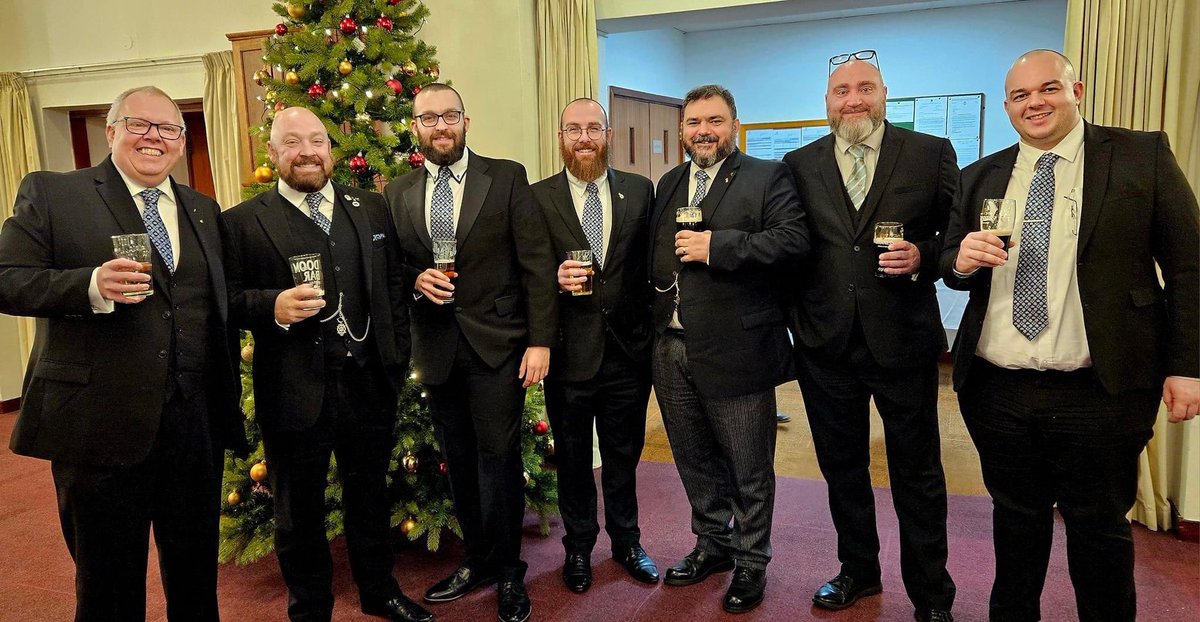 Vulcan Lodge on tour! The Worshipful Master, Senior Warden, Immediate Past Master, Inner Guard and three Entered Apprentices on a festive visit for an initiation ceremony at Tyrian Lodge No. 253; the oldest Lodge in the Province of #Derbyshire (est. 1785) #Freemasons