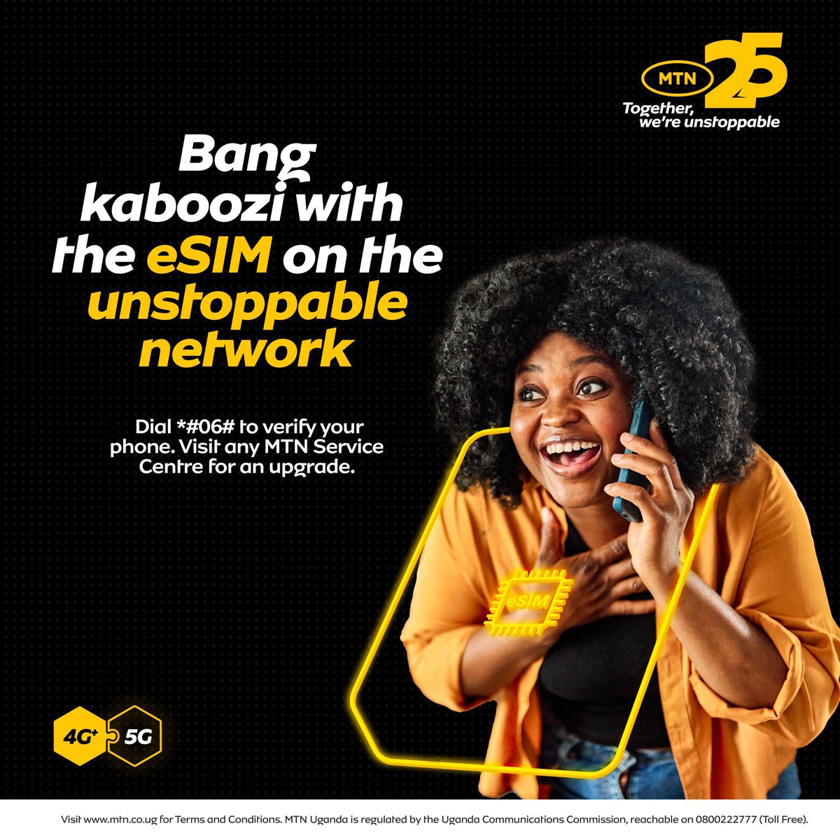 Kaboozi using #MTNeSIM on the #UnstoppableNetwork is what we all need. 
To find out if your device supports the service, dial *#06# to verify or visit a nearby MTN Service Centre for an upgrade or assistance. #TogetherWeAreUnstoppable