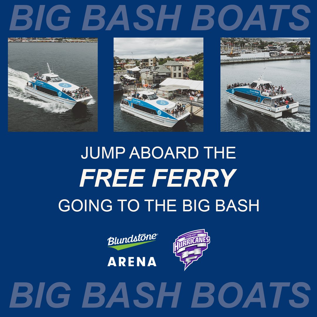 The FREE ferries to the Big Bash are back! 🏏🚤

Join us this Saturday night as the Hobart Hurricanes take on the Melbourne Renegades at Blundstone Arena.

Tickets here: bit.ly/HHTicketsHobart

For more information: bit.ly/3w2aRiy