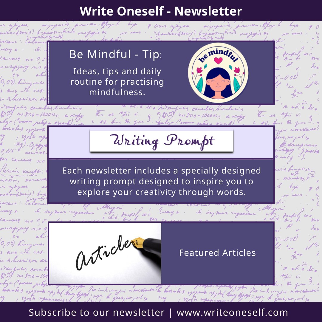 WriteOneself's tweet image. We are excited to announce the launch of our newsletter! 
Join our community by signing up today and starting your journey towards a mindful writing experience! 
writeoneself.com
#mindfulwriting #creativewriting #creativewritingcommunity  #writingcommunity #mindfulness