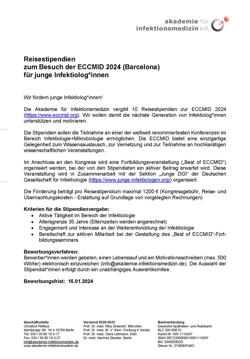Die Akademie für Infektionsmedizin vergibt 10 Reisestipendien für Nachwuchsinfektiolog*innen für den ECCMID-Kongress im April 2024 in Barcelona!  Die Bewerbungsfrist ist bereits am 15.01.2024. Viel Erfolg bei der Bewerbung und eine schöne Adventszeit !
#ECCMID #ESCMID #Barcelona