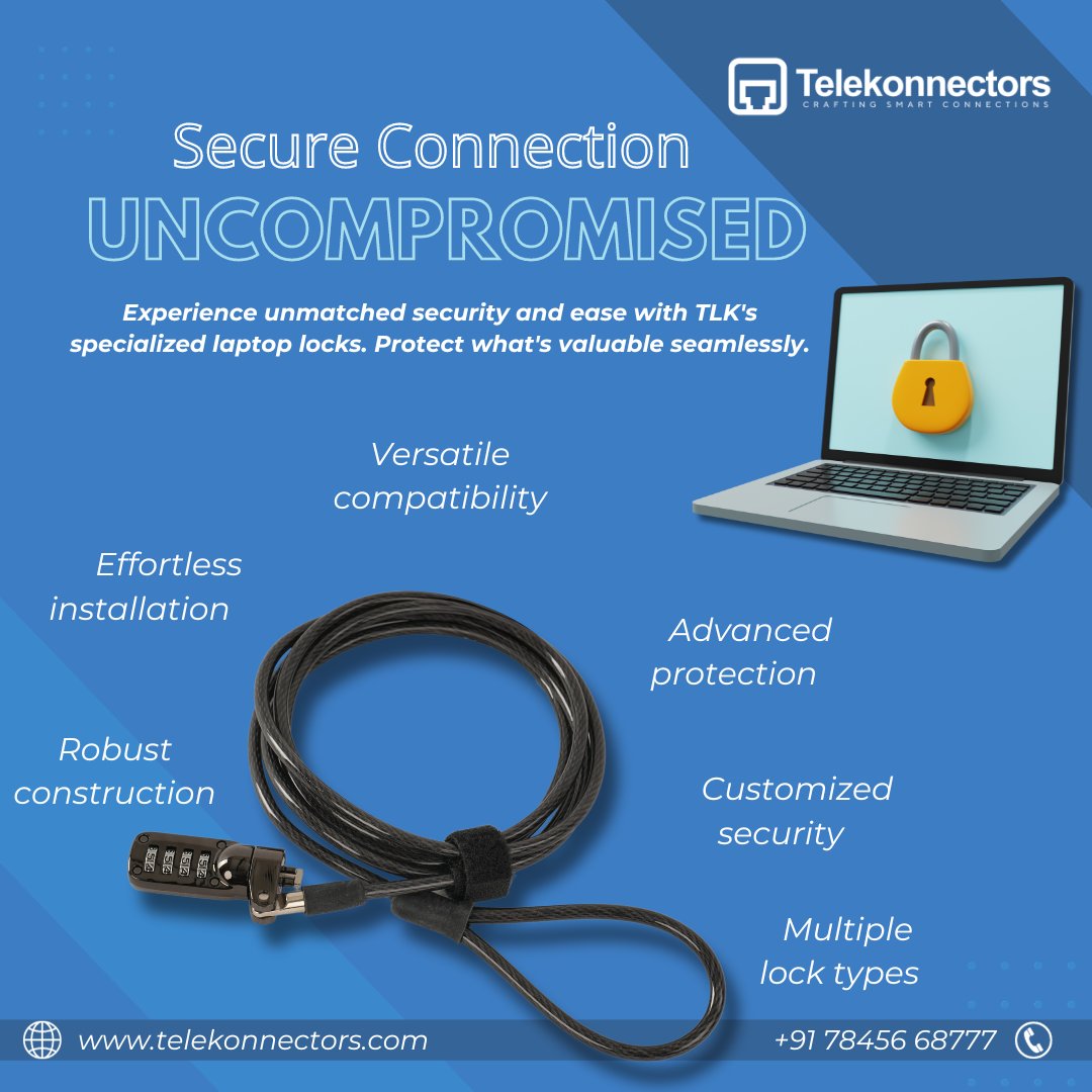 Telekonnec22589's tweet image. Lock it down with TLK&apos;s specialized laptop locks - where security meets simplicity! 🔒📷 #SecureConnections #UncompromisedProtection #TechSecurity #TLKLaptopLocks #PeaceOfMind