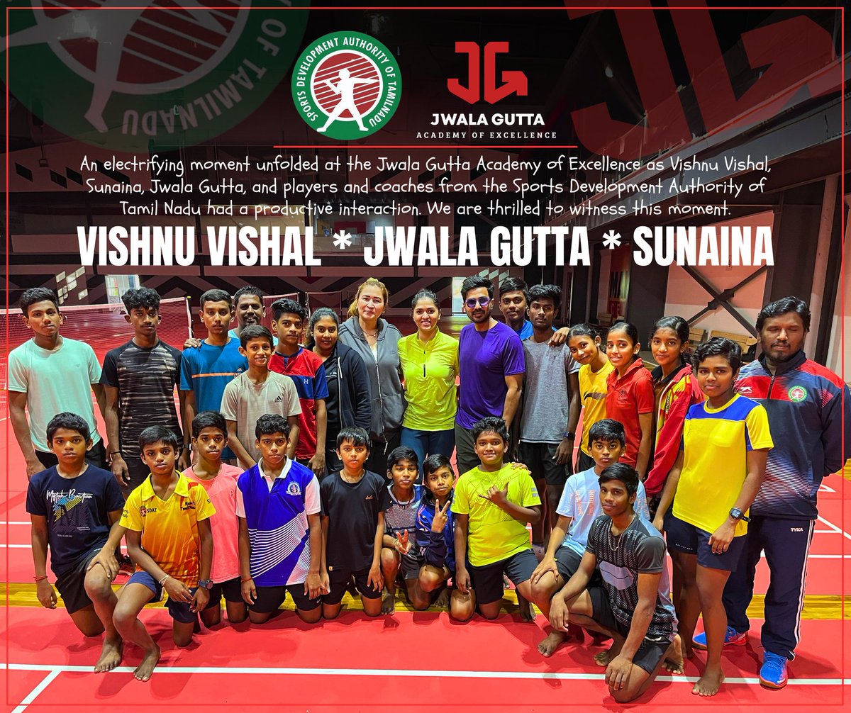 ⚡An electrifying moment unfolded at the Jwala Gutta Academy of Excellence as @TheVishnuVishal , @TheSunainaa , @Guttajwala , and players and coaches from the Sports Development Authority of Tamil Nadu @SportsTN_ had a productive interaction.
#jwalaguttaacademy @Udhaystalin