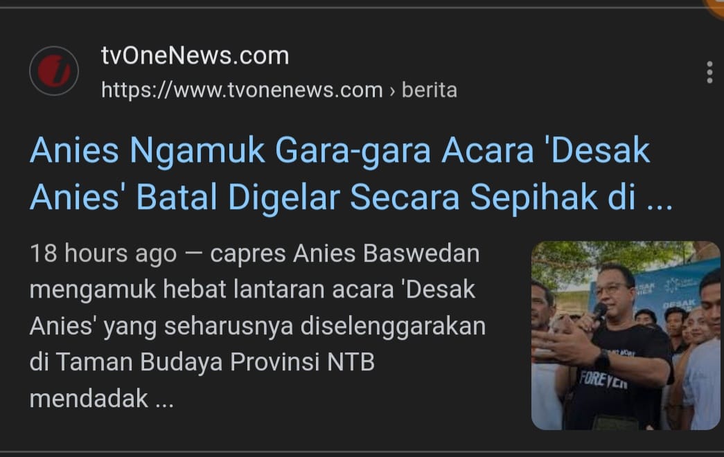 TV one bikin judul Anies Ngamuk Hebat gara2 acara batal digelar.

TV one melalukan PELANGGARAN BERAT jurnalistik karena Anies sama sekali tidak ngamuk bahkan marah saja tidak.

Apakah ini cara untuk mengcounter masalah "Endasmu Etik,,,". TV one memalukan sekali
