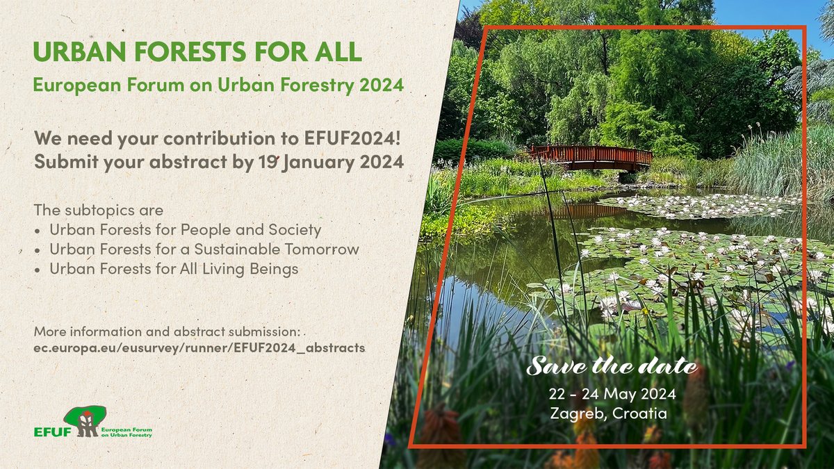 EU F. Urban Forestry (@efurbanforestry) on Twitter photo β‘οΈWe need your contributions to #EFUF2024!
<a href="/suminsCFRI/">Croatian Forest Research Institute</a> invites all interested in #urbanforestry to submit ideas for #EFUF2024 <a href="/GradZagrebHr/">Grad Zagreb</a> ππ·
Submit your idea - efuf.org/2023/12/15/calβ¦ by 1β£9β£ January 2024.
π β‘οΈWe need your contributions to #EFUF2024!
<a href="/suminsCFRI/">Croatian Forest Research Institute</a> invites all interested in #urbanforestry to submit ideas for #EFUF2024 <a href="/GradZagrebHr/">Grad Zagreb</a> ππ·
Submit your idea - efuf.org/2023/12/15/calβ¦ by 1β£9β£ January 2024.
π