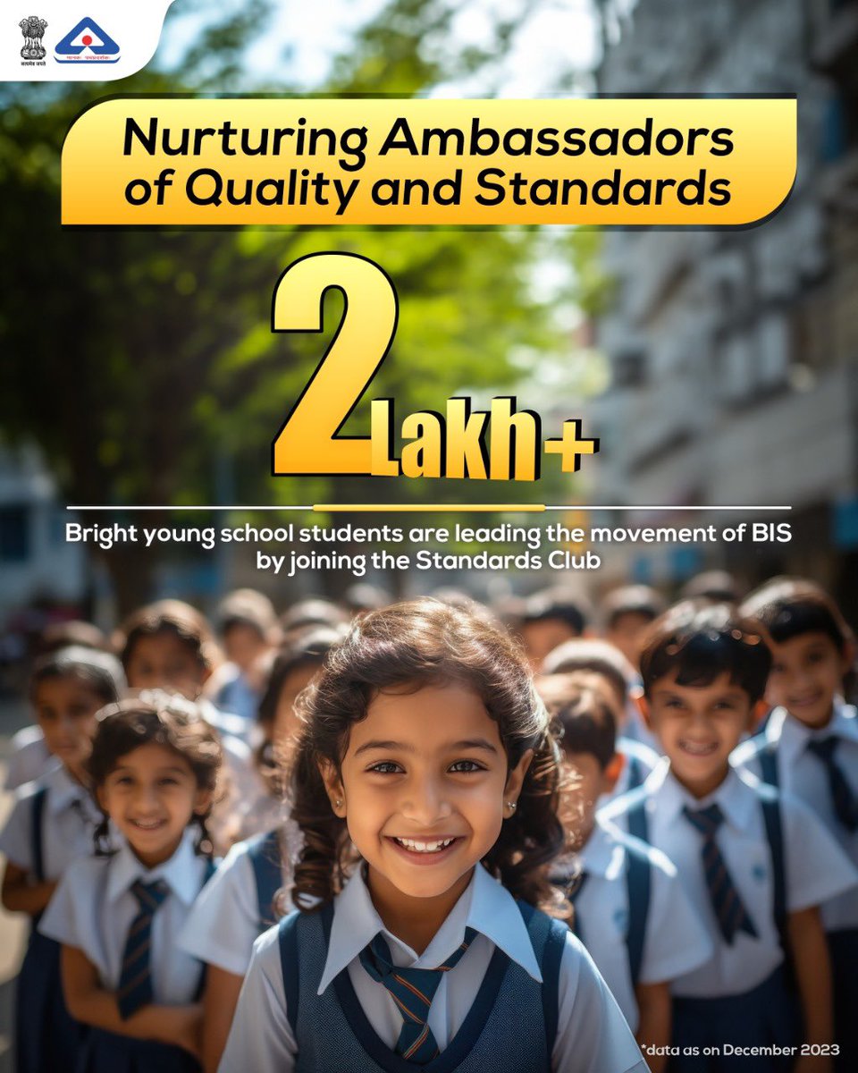 More than 2 lakh strong, and growing! The BIS Standards Club aims to build a culture of quality among young minds.

#BIS #StandardsClub #EmpoweringTheFuture #EducationForAll #Education