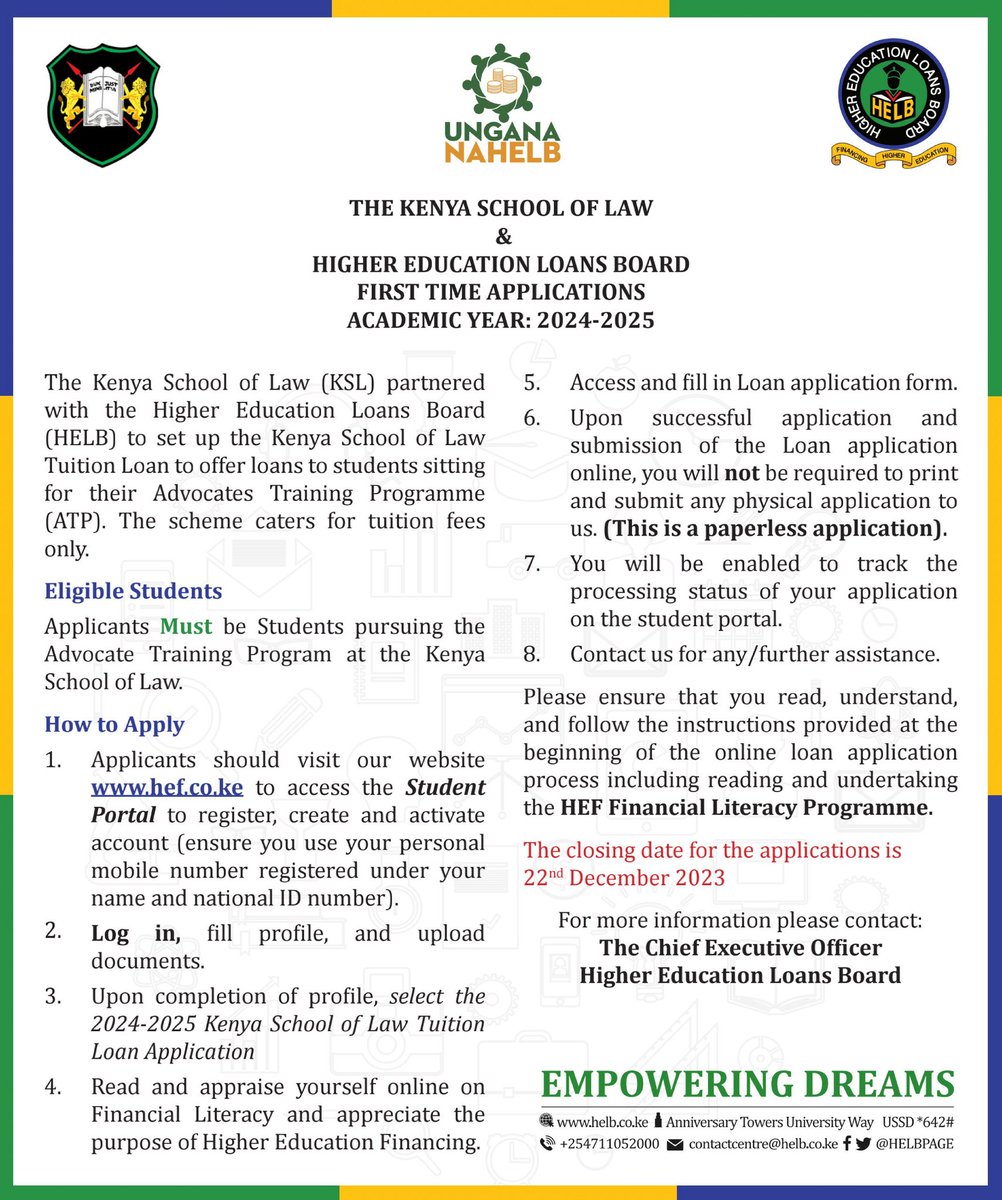 Application for the Kenya School of Law (KSL) tuition loan is currently ongoing. Eligible Applicants are advised to apply by 22nd December 2023. See poster for more info. 👉hef.co.ke