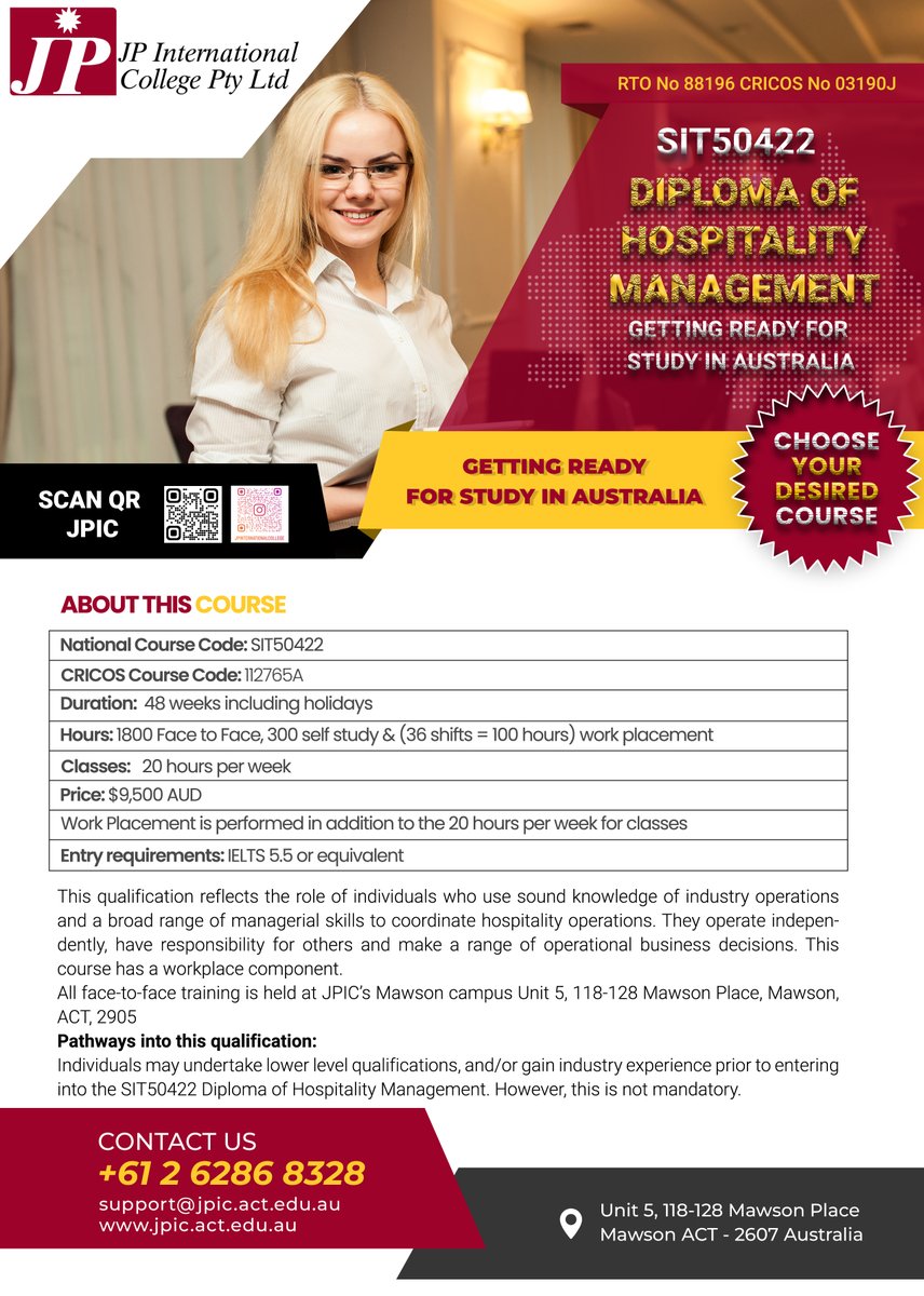 JP International College (@jpinternation15) on Twitter photo SIT50422 Diploma of Hospitality Management
For more information:
jpic.act.edu.au
marketing@jpic.act.edu.au
+61 262868328
#JPIC
#StudyInAustralia
#HospitalityEducation
#CanberraCollege
#GlobalHospitality SIT50422 Diploma of Hospitality Management
For more information:
jpic.act.edu.au
marketing@jpic.act.edu.au
+61 262868328
#JPIC
#StudyInAustralia
#HospitalityEducation
#CanberraCollege
#GlobalHospitality
