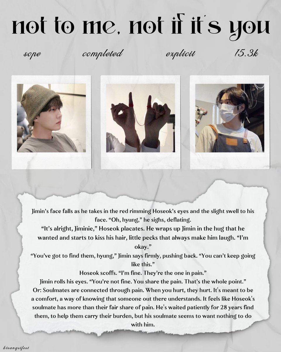 #sope ⇢ ˗ˏˋ not to me, not if it's you ࿐ྂ

⟡ angst with a happy ending, soulmates, emotional hurt/comfort, references to depression

archiveofourown.org/works/52341484