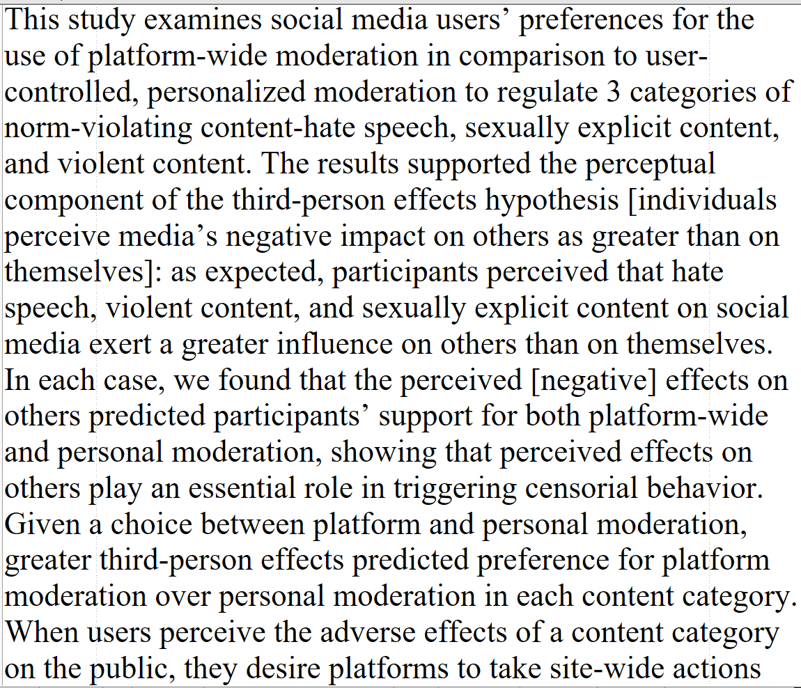 The third-person effect, the belief that media have more negative effects on others than on oneself, drives the call for censorship of 'harmful' content on social media. journals.sagepub.com/doi/abs/10.117…