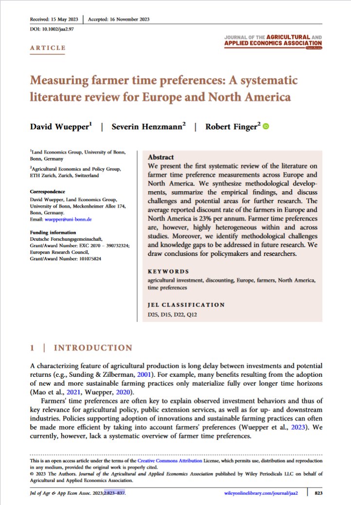 Robert Finger (@robertfinger1) on Twitter photo Our paper 'Measuring farmer time preferences: A systematic literature review for Europe and North America' is now assigned to an issue in JAAEA
Led by <a href="/DavidWuepper/">𝙳𝚊𝚟𝚒𝚍 𝚆𝚞𝚎𝚙𝚙𝚎𝚛</a> with S Henzmann <a href="/aecp_eth/">AECP</a>
& <a href="/Land_Economics/">Land Economics @ Uni Bonn</a>
Paper doi.org/10.1002/jaa2.97
Blog (German) agrarpolitik-blog.com/2023/12/08/die… Our paper 'Measuring farmer time preferences: A systematic literature review for Europe and North America' is now assigned to an issue in JAAEA
Led by <a href="/DavidWuepper/">𝙳𝚊𝚟𝚒𝚍 𝚆𝚞𝚎𝚙𝚙𝚎𝚛</a> with S Henzmann <a href="/aecp_eth/">AECP</a>
& <a href="/Land_Economics/">Land Economics @ Uni Bonn</a>
Paper doi.org/10.1002/jaa2.97
Blog (German) agrarpolitik-blog.com/2023/12/08/die…