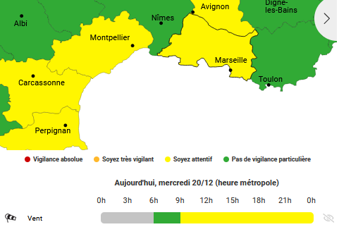 Ce mercredi 20 décembre, le département des #BouchesduRhone est placé en #vigilancejaune #vent 🌬️. Le mistral et la tramontane souffleront autour de 90 à 100 km/h en rafales.
Soyez prudents.
Plus d'infos : <a href="/VigiMeteoFrance/">VigiMétéoFrance</a>