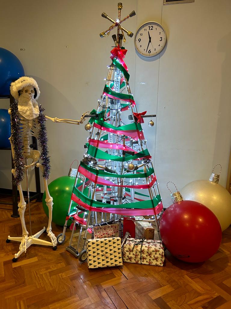 Well done to our runner up for 2023 IRH best dressed Xmas tree, the physio dept who built their own tree from old and unable to be used zimmers,  walking sticks and crutches, accompanied by tinselled skeleton santa and medicine ball baubles! <a href="/LornaLoudon/">Lorna Loudon</a> <a href="/NHSGGC/">NHS Greater Glasgow and Clyde</a> <a href="/NHSGGCClydeAHP/">NHSGGC Clyde AHP</a>