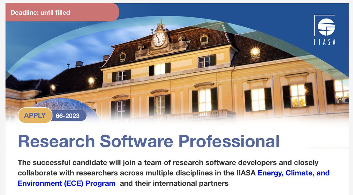 Come work with us on #opensource tools for science communication & #dataviz The #ScenarioServices team at the @IIASAVienna #Energy #Climate & #Environment program is looking for a research #SoftwareEngineer to build new features for our scenario databases! iiasa.ac.at/employment/job…