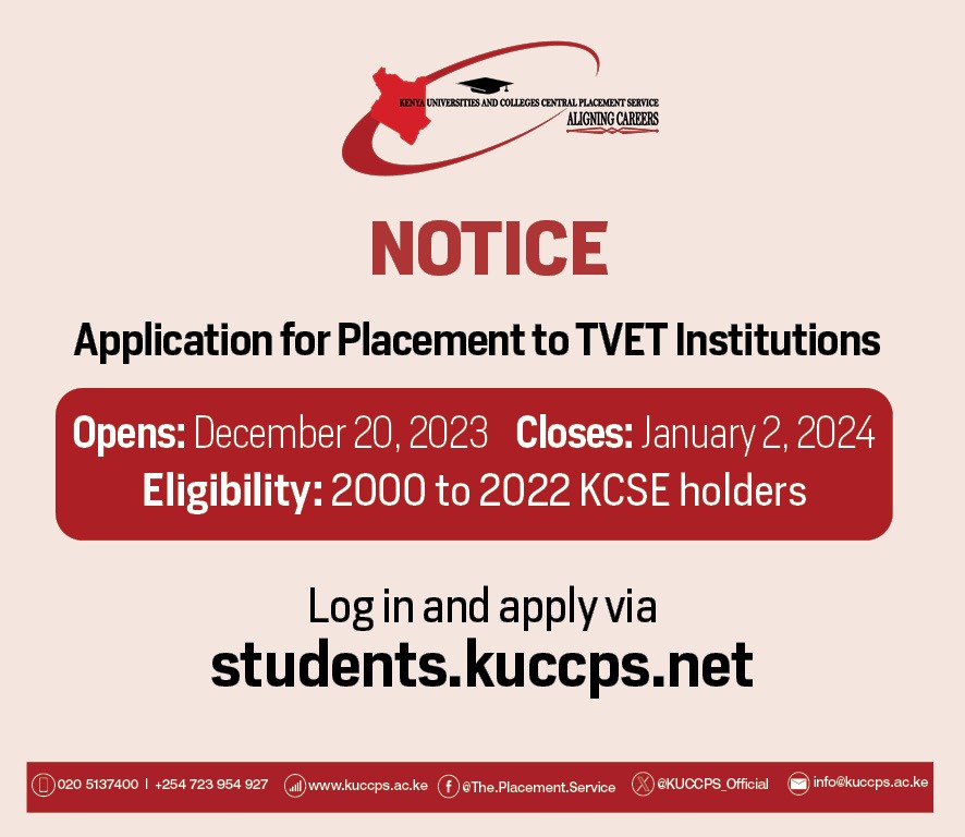 'Mapema ndio best ' application for placement via KUCCPS is open. Visit students.kuccps.net and proceed with application.
#kaiboipoly #admissionsopen
