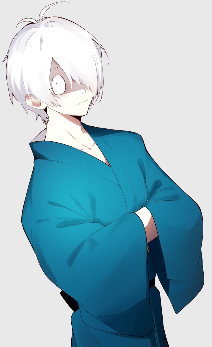 1boy male focus solo japanese clothes white hair hair over one eye simple background  illustration images