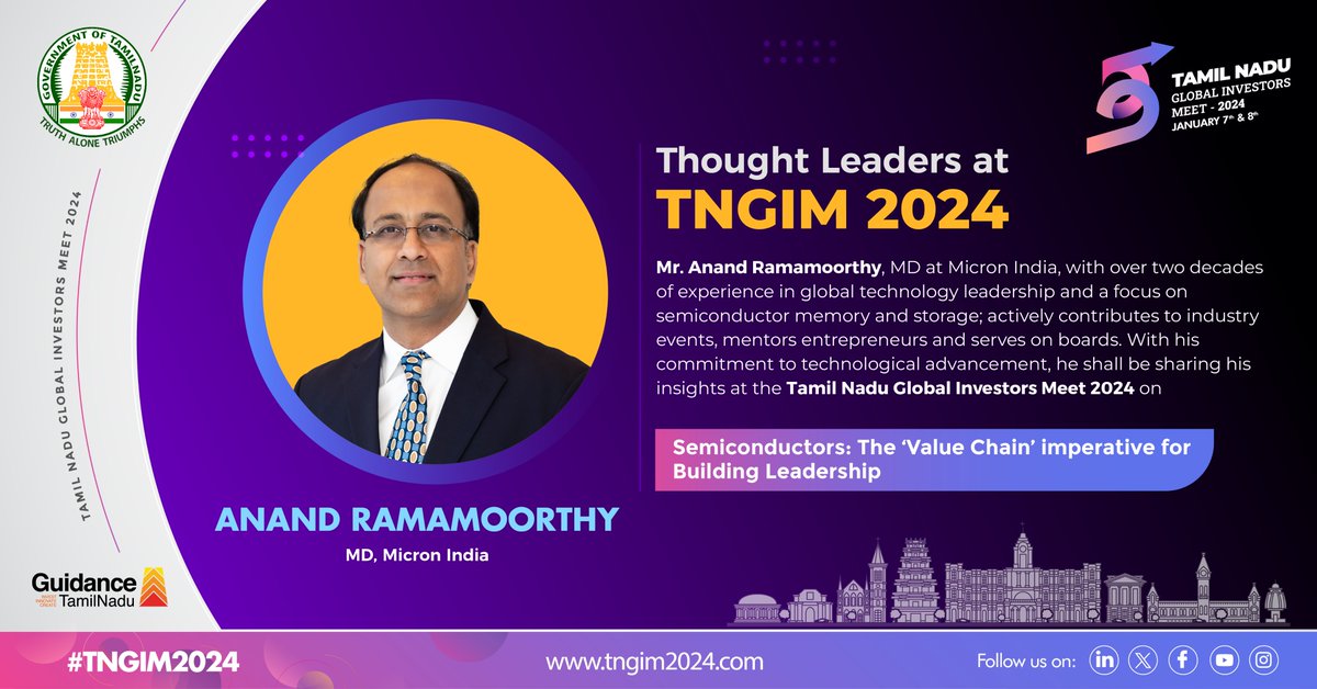 Excited to hear Mr. Anand Ramamoorthy, MD, Micron India, share insights on the 'Value Chain' imperative for building leadership in Semiconductors at Tamil Nadu Global Investors Meet 2024. #TNGIM2024 #TNIsReady #InvestInTN #MakeInTN #ThriveInTN 😊🌟✨ 
#Bud